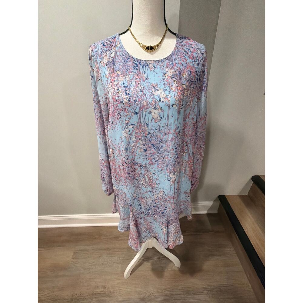 BCBGMAXAZRIA Size M Blue Floral Long Sleeve Ruffle Hem Shift Dress - Picture 6 of 16